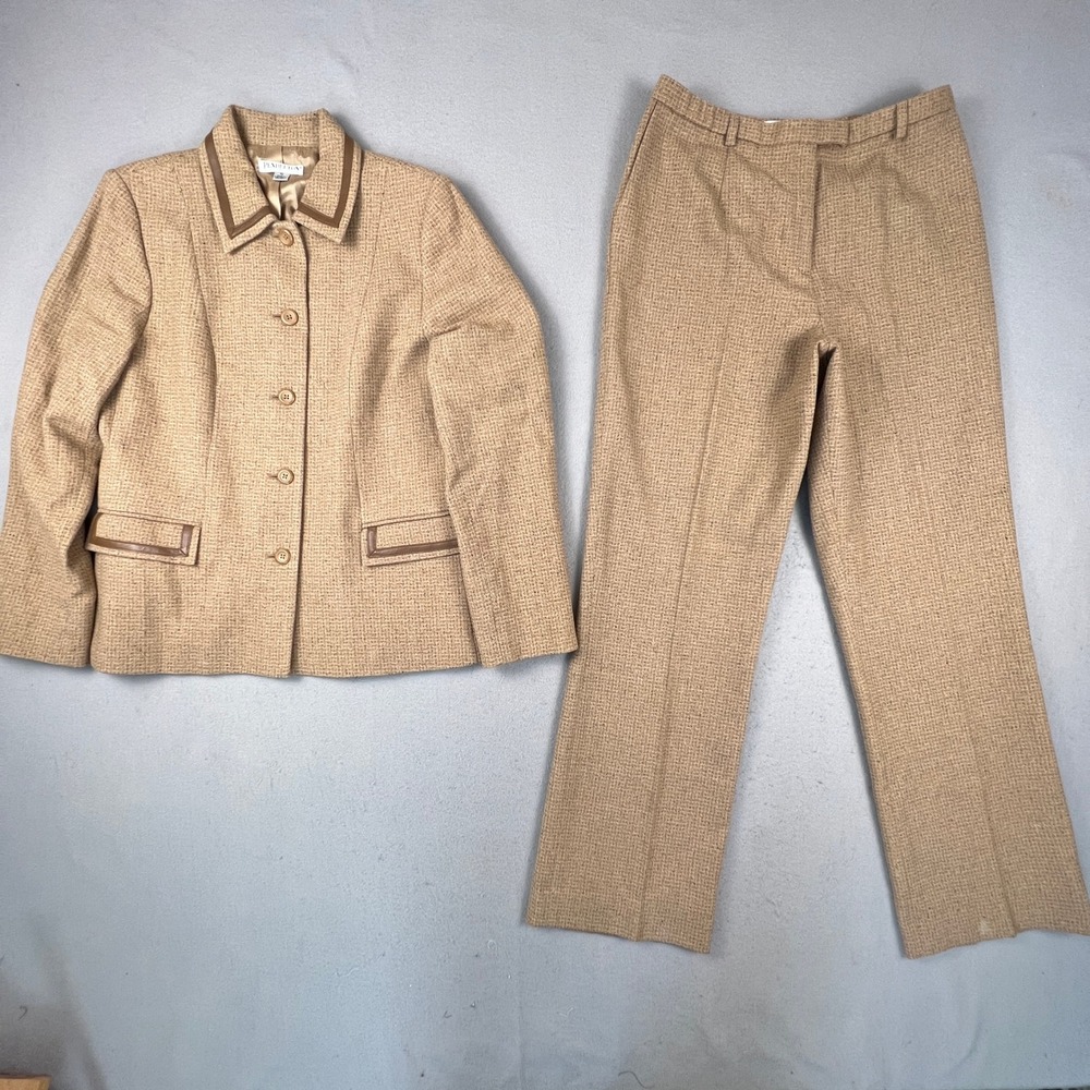 Pendleton Pant Suit Womens 14 Tan Wool Blend Tweed Blazer Trousers USA Vintage